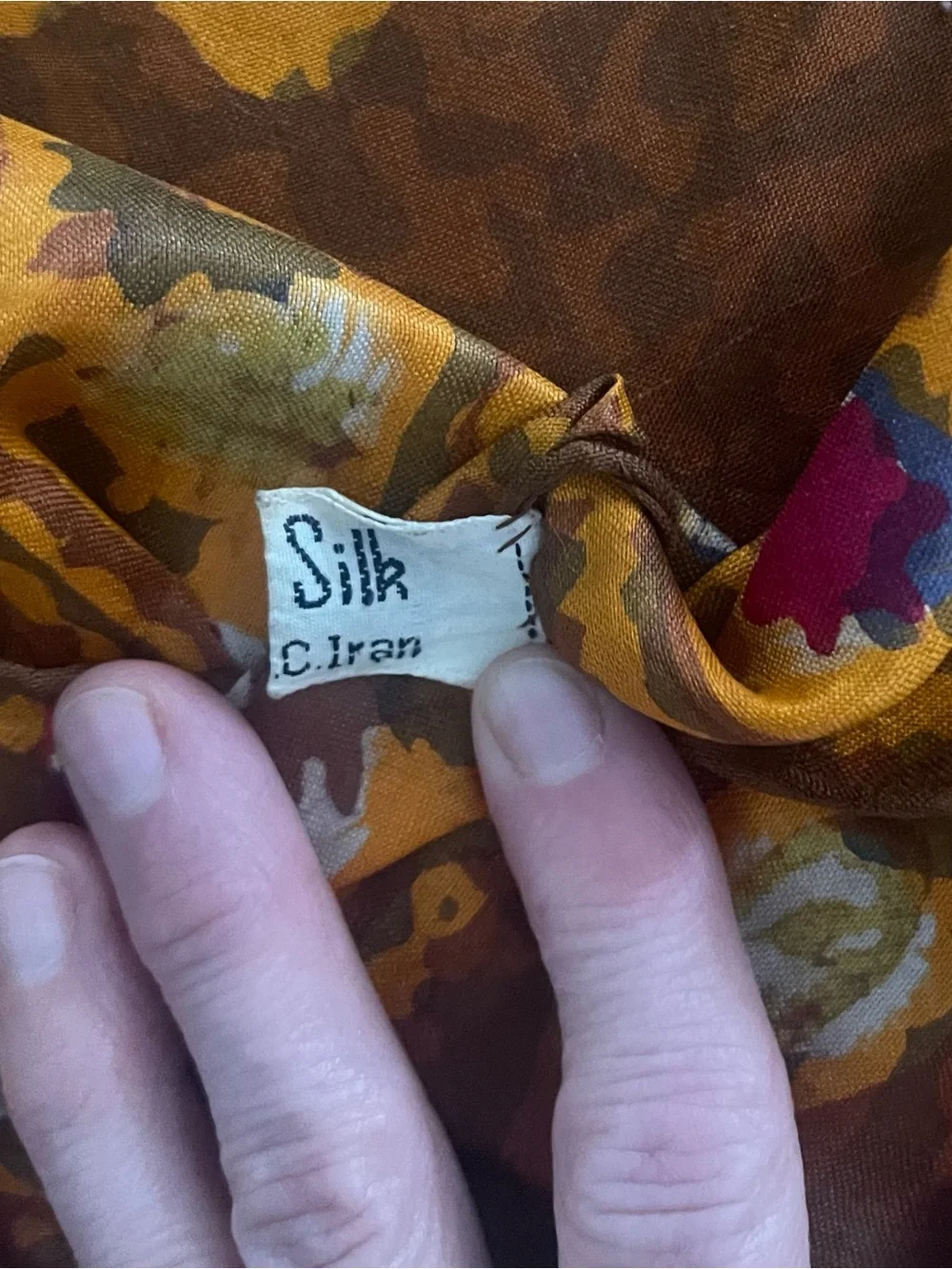 Vintage Pure Silk Govt Iran Paisley Square 45in scarf Brown Yellow Pink 70s